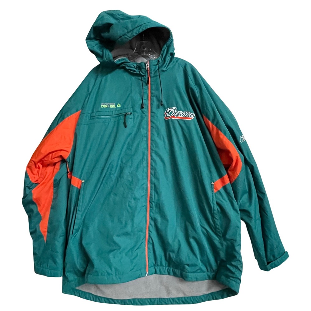 Vintage Reebok NFL Miami Dolphins Jacket XL System Control Hooded‎ Windbreaker